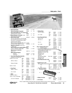 Page 5251 Hours: Mon-Fri: 7:30-5:30; Sat: 9-2:00; EST             Phone: (802) 879-0032 We have a complete Land Rover Genuine Parts inventory, with many parts unlisted. If you don’t see what you need, just ask!G E N U I N E
PA RT SBody parts -  Front12. Backing Piece 
Ser IIA, III 1969 onRight345620$40.90
Left345621$40.90
90, 110 USA RightMTC2062$39.50
LeftMTC2063$39.50
13.Front Wing Side Panel
Right with hole347474$160.00
SER II,IIA, IIIRightSTC8294$139.00
Left330427$159.00
90 & 110RightRTC6351$198.00...