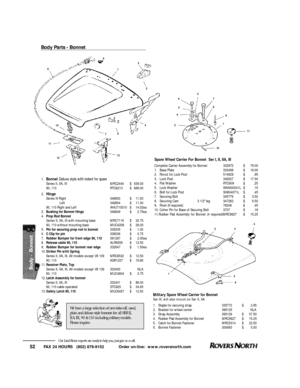 Page 53FAX 24 HOURS   (802) 879-9152            Order on-line:  www.roversnorth.com
52Our Land Rover experts are ready to help you, just give us a call.Body Parts - BonnetSpare Wheel Carrier For Bonnet  Ser I, II, IIA, III
Complete Carrier Assembly for Bonnet332972$79.00
1.Base Plate333458$19.00
2.Rivnut for Lock Post514929$.95
3.Lock Post348327$17.50
4.Flat WasherRTC609$.25
5.Lock WasherWM600041L$.15
6.Bolt for Lock PostSH604071L$.45
7.Securing Bolt345779$3.50
8.Securing Cam3 1/2 leg347262$6.50
9.Rivet (9...