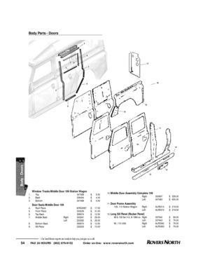 Page 55FAX 24 HOURS   (802) 879-9152            Order on-line:  www.roversnorth.com
54Our Land Rover experts are ready to help you, just give us a call.Body Parts - DoorsWindow Tracks Middle Door 109 Station Wagon
1.Top347489$5.50
2.Back336454$4.00
3.Bottom347489$5.50
Door Seals Middle Door 109
4.Roof PieceMRC9397$17.50
5.Front Piece333229$31.00
6.Top Back395674$12.50
7.Middle BackRight333261$29.00
Left333262$29.00
8.Bottom Back395674$12.50
9.Sill Piece333233$10.0010.Middle Door Assembly Complete 109...