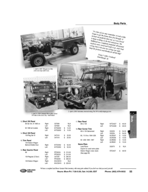 Page 5655 Hours: Mon-Fri: 7:30-5:30; Sat: 9-2:00; EST             Phone: (802) 879-0032 We have a complete Land Rover Genuine Parts inventory, with many parts unlisted. If you don’t see what you need, just ask!G E N U I N E
PA RT SBody Parts13.Short Sill Panel 
88 Ser IIA, III 1969 onRight337938NLA
Left337939NLA
90 1990 all modelsRightMTC8292$14.00
LeftMTC8293$10.50
14.Short Sill Panel
109 Reg Ser IIIRight347018$25.50
Left347019$25.50
15.Trim Panel
109 Station Wagon
Behind Middle DoorRightMTC5352$52.00...