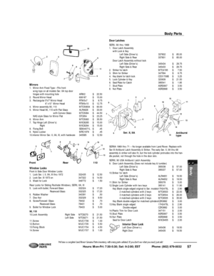 Page 5857 Hours: Mon-Fri: 7:30-5:30; Sat: 9-2:00; EST             Phone: (802) 879-0032 We have a complete Land Rover Genuine Parts inventory, with many parts unlisted. If you don’t see what you need, just ask!G E N U I N E
PA RT SDoor Latches
SERII, IIA thru 1968
1.Door Latch Assembly 
with Lock & Key
Left Side (Driver’s)337802$85.00
Right Side & Rear337801$85.00
Door Latch Assembly without lock
Left Side (Driver’s)345434$28.75
Right Side & Rear345433$28.75
2.Striker for latchMTC4195$7.50
3.Shim for...
