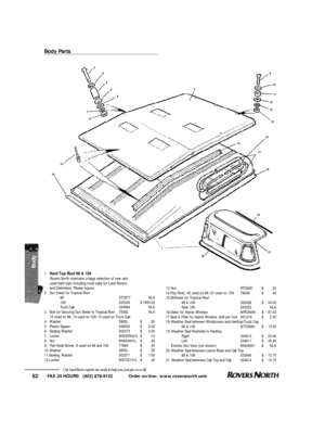 Page 63FAX 24 HOURS   (802) 879-9152            Order on-line:  www.roversnorth.com
62Our Land Rover experts are ready to help you, just give us a call.1.Hard Top Roof 88 & 109
Rovers North maintains a large selection of new and 
used hard tops including truck cabs for Land Rovers 
and Defenders. Please inquire.
2.Sun sheet for Tropical Roof
88STC877NLA
109333246$1950.00
Truck Cab330894NLA
3.Bolt for Securing Sun Sheet to Tropical Roof78382NLA
10 used on 88, 14 used on 109, 10 used on Truck Cab...