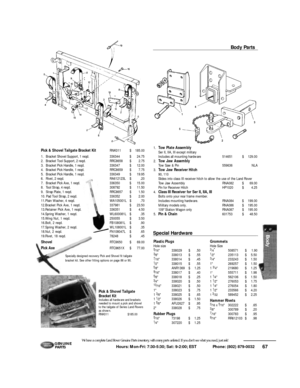 Page 6867 Hours: Mon-Fri: 7:30-5:30; Sat: 9-2:00; EST             Phone: (802) 879-0032 We have a complete Land Rover Genuine Parts inventory, with many parts unlisted. If you don’t see what you need, just ask!G E N U I N E
PA RT SSpecial Hardware1
Grommets
Hole Size
3
/4
508571$     1.90
1
⁄2235113$5.50
3
/4233243$1.50
1269257$1.50
13/
4219680$1.25
1555711$1.98
11
⁄4562106$1.50
11
⁄2276053$1.75
11
⁄4276054$1.80
11
⁄2233566$4.20
13
/32589452$2.25
Hammer Rivets
3
⁄16x5
⁄16302222$.65
3
⁄8300789$.20
7...