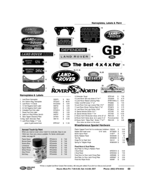 Page 7069 Hours: Mon-Fri: 7:30-5:30; Sat: 9-2:00; EST             Phone: (802) 879-0032 We have a complete Land Rover Genuine Parts inventory, with many parts unlisted. If you don’t see what you need, just ask!G E N U I N E
PA RT SNameplates & Labels1.Land Rover Nameplate332670$      NLA
2.4WDStation Wag. NameplateSTC3437$46.50
3.Land Rover 110 DecalMUC2003$8.00
4.12 Volt Negative Earth Label598702$6.50
5.24 Volt Negative Earth Label598701$4.50
6.Unleaded Fuel Only LabelNTC2914$8.00
7.Diesel Fuel Only...