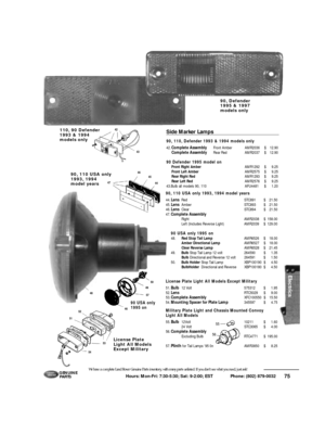 Page 764875 Hours: Mon-Fri: 7:30-5:30; Sat: 9-2:00; EST             Phone: (802) 879-0032 We have a complete Land Rover Genuine Parts inventory, with many parts unlisted. If you don’t see what you need, just ask!G E N U I N E
PA RT S
90, 110 USA only 1993, 1994 model years
44.LensRedSTC891$21.50
45.LensAmberSTC893$21.50
46.LensClearSTC894$21.50
47.Complete Assembly
RightAMR2038$158.00
Left (Includes Reverse Light)AMR2039$129.00
90 USA only 1995 on
48.Red Stop Tail LampAMR6526$18.00
Amber Directional...