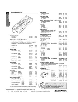 Page 9Our Land Rover experts are ready to help you, just give us a call.8Valve Springs
2.25 Petrol and DieselERR4640$3.00
3.9, 4.0 PetrolERR4628$5.25
Valve Spring Collar
2.25 Petrol and Diesel268292$3.00
3.9, 4.0 PetrolERR4628$5.25
Retainer Halves for Valve Collar (2 required per valve)
2.25 Petrol and Diesel ea.268293$2.70 
3.9, 4.0 PetrolERC573$4.50
Push Rods
2.25 Petrol546798$5.50
2.25 Diesel546799$5.50
3.9, 4.0  Petrol603378$6.50
Tappet Assembly 
(includes tappet, tappet guide and roller)
2.25 Petrol and...