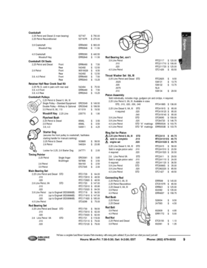 Page 109 Hours: Mon-Fri: 7:30-5:30; Sat: 9-2:00; EST             Phone: (802) 879-0032G E N U I N E
PA RT SCrankshaft
2.25 Petrol and Diesel (3 main bearing)527167$750.00
2.25 Petrol Reconditioned527167R$270.00
3.9 CrankshaftERR4060$963.00
Woodruff KeyERR2846$11.50
4.0 CrankshaftERR5090$440.50
Woodruff KeyERR2846$11.50
Crankshaft Oil Seals
2.25 Petrol and DieselFrontERR6490$7.50
Rear542492$12.50
2.6 PetrolFront90516028$6.50
Rear542492$12.50
3.9, 4.0 PetrolFrontERR6490$7.50
RearERR2640$13.25
Retainer Half Rear...