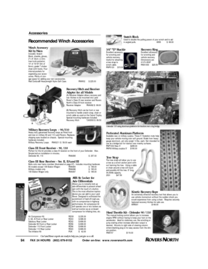 Page 95FAX 24 HOURS   (802) 879-9152            Order on-line:  www.roversnorth.com
94Our Land Rover experts are ready to help you, just give us a call.ARB Air Locker for 
Axle DifferentialsAllows you to instantly lock up
axle differentials to prevent wheel
spin with the touch of a button.
This is the most effective traction
device you can add to your Land
Rover. Designed to withstand the
punishment of hard off-road use,
with no compromise in highway
performance. Air compressor kit
will operate one or two...