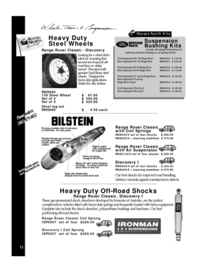 Page 14Highest quality 
seals manufactured
for longest life.
Piston rod strong 
enough to lift 20 tons.
Rising rate valve system dampens
all bumps.  No spring loaded ball
check valves to wear out.
Single tube design helps 
dissipate heat to prevent shock fade.
Precision seamless tube to tolerances
of .00058mm.  No weak points.
Patented nitrogen gas pressure 
principle gives better 
control, safety and 
c o m f o r t .12Heavy Duty Off-Road Shocks
Range Rover Classic,Discovery I 
These gas-pressurized shock...