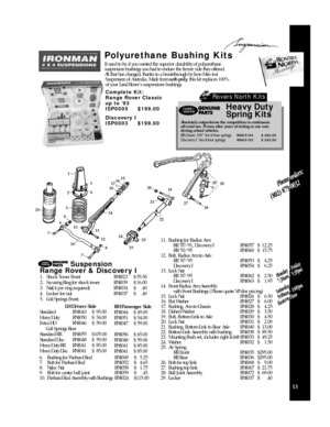 Page 1513 Polyurethane Bushing Kits
It used to be if you wanted the superior durability of polyurethane 
suspension bushings you had to endure the firmer ride they offered.  
All that has changed, thanks to a breakthrough by Iron Man 4x4
Suspension of Australia. Made from soft-poly,this kit replaces 100%
of your Land Rovers suspensions bushings. 
Complete Kit:
Range Rover Classic 
up to ’93      
ISP0005     $199.00
Discovery I     
ISP0003     $199.00S u s p e n s i o n
Ra n ge Rover & Discove ry I 
1.   Shock...