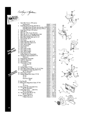 Page 20181.Tank, RR 3.9 & 4.2, 1990 and on 
and DiscoveryRNC007$64.00
2.Small Bleed Hose Off Tank, RR 1990 onRNC010$11.75
Small Bleed Hose Off Tank, Discovery thru 1995RNC014$29.00
Small Bleed Hose Off Tank, Discovery 1996-onRNC016$8.25
3.Large Hose Off Tank, 1990 and onRNC008$45.00
4.Tank, RR 3.5RNC015$225.00
5.Filler Cap, 1995, 15 psi, DiscoveryRNC017$8.00
6.Filler Cap, all 3.5, 3.9 through end of 1989RNC022$5.50
7.Filler Cap/Level Sensor, RR 1990-1994RNC027$58.50
8.Bleed Hose off Filler Neck, all 3.5, 3.9...