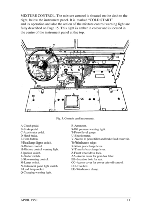 Page 16APRIL 195011MIXTURE CONTROL. The mixture control is situated on the dash to the
right, below the instrument panel. It is marked “COLD START”
and its operation and also the action of the mixture control warning light are
fully described on Page 15. This light is amber in colour and is located in
the centre of the instrument panel at the top.Fig. 3. Controls and instruments.
A-Clutch pedal.R-Ammeter.
B-Brake pedal.S-Oil pressure warning light.
C-Accelerator pedal.T-Petrol level gauge....