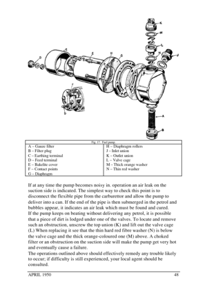 Page 53APRIL 195048Fig. 17.  Fuel pump.A – Gauze filter
B – Filter plug
C – Earthing terminal
D – Feed terminal
E – Bakelite cover
F – Contact points
G – DiaphragmH – Diaphragm rollers
J – Inlet union
K – Outlet union
L – Valve cage
M – Thick orange washer
N – Thin red washerIf at any time the pump becomes noisy in. operation an air leak on the
suction side is indicated. The simplest way to check this point is to
disconnect the flexible pipe from the carburettor and allow the pump to
deliver into a can. If the...