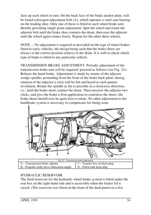 Page 59APRIL 195054Jack up each wheel in turn. On the back face of the brake anchor plate, will
be found a hexagon adjustment bolt (A), which operates a snail cam bearing
on the leading shoe. Only one of these is fitted to each wheel brake unit,
thereby providing single-point adjustment. Spin the wheel and rotate the
adjuster bolt until the brake shoe contacts the drum, then ease the adjuster
until the wheel again rotates freely. Repeat for the other three wheels.
NOTE. – No adjustment is required or provided...