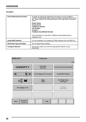 Page 45HARDWARE
36
COLUMN 3
Enter Dealership InformationA facility for putting the dealership information into the TestBook
memory. Pressing this button brings up spaces numbered from one to
six. These relate to the following boxes on the Help Desk Information
Sheet.
Dealer Name
Corporate ID
Telephone Number
Fax Number
Contact 1
TestBook Serial/Model Number
This information is used when TestBook automatically prints a
Helpdesk form.
Install RDS SoftwareFor the installation and updating of RDS software from the...