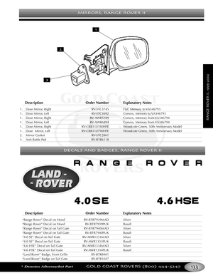 Page 137MIRRORS RANGE ROVER II
*Denotes Aftermarket PartGOLD COAST ROVERS () 
RANGEROVERII
Description Order Number Explanatory Notes
1. Door Mirror, Right RVSTC3745 Flat, Memory to VA346793
1. Door Mirror, Left RVSTC3692 Convex, Memory to VA346793
1. Door Mirror, Right RVAWR5289 Convex, Memory from VA346794
1. Door Mirror, Left RVAWR6894 Convex, Memory from VA346794
1. Door Mirror, Right RVCRB110780HPE Woodcote Green, 50th Anniversary Model
1.Door  Mirror, Left RVCRB110790HPE Woodcote Green, 50th Anniversary...