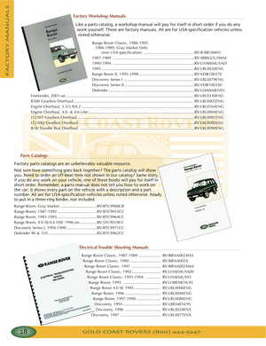 Page 32GOLD COAST ROVERS () 
FACTORYMANUALS
Factory Workshop  Manuals
Like a parts catalog a workshop manual will pay for itself in short order if you do any
work yourself These are factory manuals All are for USAspecification vehicles unless
noted otherwise
Range Rover Classic, 19861995
19861989, Gray Market Only 
(non USAspecification) ..............................................RVBRR16WH
19871989 ..........................................................................RVSRR652USWM
19901994...