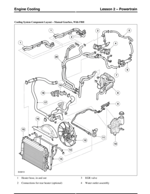 Page 142Cooling System Component Layout – Manual Gearbox, With FBH
Heater hose, in and out1
Connections for rear heater (optional)2
EGR valve3
Water outlet assembly4
(G421101) Technical Training128
Lesson 2 – PowertrainEngine Cooling 