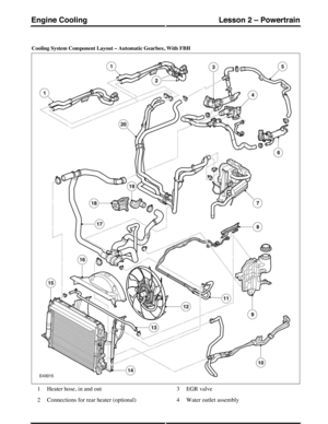 Page 146Cooling System Component Layout – Automatic Gearbox, With FBH
Heater hose, in and out1
Connections for rear heater (optional)2
EGR valve3
Water outlet assembly4
(G421101) Technical Training132
Lesson 2 – PowertrainEngine Cooling 