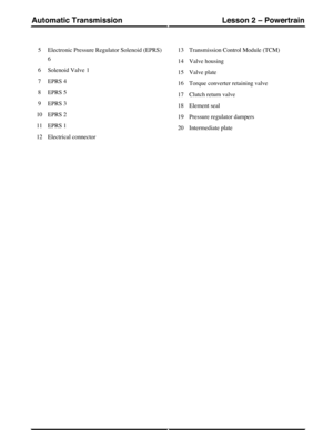 Page 16Electronic Pressure Regulator Solenoid (EPRS)
6
5
Solenoid Valve 16
EPRS 47
EPRS 58
EPRS 39
EPRS 210
EPRS 111
Electrical connector12
Transmission Control Module (TCM)13
Valve housing14
Valve plate15
Torque converter retaining valve16
Clutch return valve17
Element seal18
Pressure regulator dampers19
Intermediate plate20
(G421157) Technical Training260
Lesson 2 – PowertrainAutomatic Transmission 