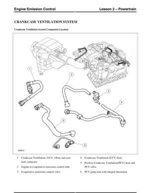 Page 156CRANKCASE VENTILATION SYSTEM
Crankcase Ventilation System Component Location
Crankcase Ventilation ( CCV ) Hose and cam
lock connector
1
Engine to evaporative emissions control tube2
Evaporative emissions control valve3
Crankcase Ventilation (CCV) hose4
Positive Crankcase Ventilation(PCV) hose and
PCV valve
5
PCV jump lead with integral thermistor6
(G421133) Technical Training168
Lesson 2 – PowertrainEngine Emission Control 