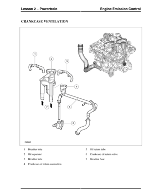 Page 163CRANKCASE VENTILATION
Breather tube1
Oil separator2
Breather tube3
Crankcase oil return connection4
Oil return tube5
Crankcase oil return valve6
Breather flow7
Engine Emission ControlLesson 2 – Powertrain
175Technical Training (G421135) 