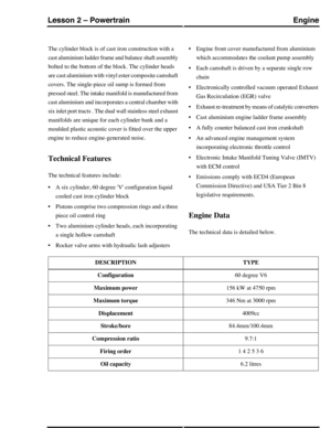 Page 166The cylinder block is of cast iron construction with a
cast aluminium ladder frame and balance shaft assembly
bolted to the bottom of the block. The cylinder heads
are cast aluminium with vinyl ester composite camshaft
covers. The single-piece oil sump is formed from
pressed steel. The intake manifold is manufactured from
cast aluminium and incorporates a central chamber with
six inlet port tracts . The dual wall stainless steel exhaust
manifolds are unique for each cylinder bank and a
moulded plastic...