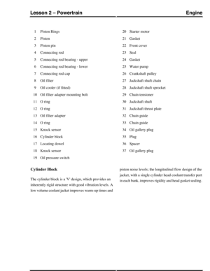 Page 168Piston Rings1
Piston2
Piston pin3
Connecting rod4
Connecting rod bearing - upper5
Connecting rod bearing - lower6
Connecting rod cap7
Oil filter8
Oil cooler (if fitted)9
Oil filter adapter mounting bolt10
O ring11
O ring12
Oil filter adapter13
O ring14
Knock sensor15
Cylinder block16
Locating dowel17
Knock sensor18
Oil pressure switch19
Starter motor20
Gasket21
Front cover22
Seal23
Gasket24
Water pump25
Crankshaft pulley26
Jackshaft shaft chain27
Jackshaft shaft sprocket28
Chain tensioner29
Jackshaft...