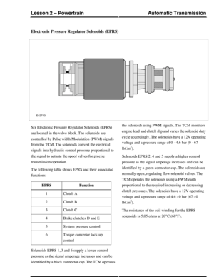 Page 19Electronic Pressure Regulator Solenoids (EPRS)
Six Electronic Pressure Regulator Solenoids (EPRS)
are located in the valve block. The solenoids are
controlled by Pulse width Modulation (PWM) signals
from the TCM. The solenoids convert the electrical
signals into hydraulic control pressure proportional to
the signal to actuate the spool valves for precise
transmission operation.
The following table shows EPRS and their associated
functions:
FunctionEPRS
Clutch A1
Clutch B2
Clutch C3
Brake clutches D and...