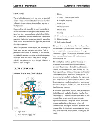 Page 21Spool Valves
The valve block contains twenty one spool valves which
control various functions of the transmission. The spool
valves are of conventional design and are operated by
fluid pressure.
Each spool valve is located in its spool bore and held
in a default (unpressurised) position by a spring. The
spool bore has a number of ports which allow fluid to
flow to other valves and clutches to enable transmission
operation. Each spool has a piston which is waisted to
allow fluid to be diverted into the...