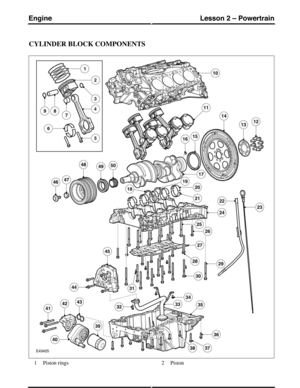 Page 201CYLINDER BLOCK COMPONENTS
Piston rings1Piston2
(G421094) Technical Training52
Lesson 2 – PowertrainEngine 