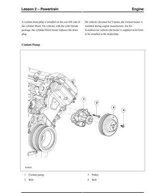 Page 208A coolant drain plug is installed on the rear left side of
the cylinder block. On vehicles with the cold climate
package, the cylinder block heater replaces the drain
plug.
On vehicles destined for Canada, the coolant heater is
installed during engine manufacture, but for
Scandinavian vehicles the heater is supplied in kit form
to be installed at the dealership.
Coolant Pump
Coolant pump1
Bolt2
Pulley3
Bolt4
EngineLesson 2 – Powertrain
59Technical Training (G421094) 