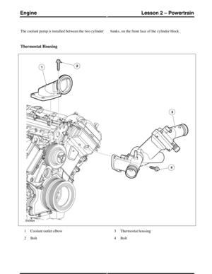 Page 209The coolant pump is installed between the two cylinderbanks, on the front face of the cylinder block.
Thermostat Housing
Coolant outlet elbow1
Bolt2
Thermostat housing3
Bolt4
(G421094) Technical Training60
Lesson 2 – PowertrainEngine 