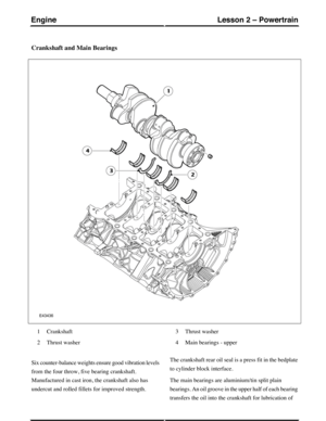 Page 211Crankshaft and Main Bearings
Crankshaft1
Thrust washer2
Thrust washer3
Main bearings - upper4
Six counter-balance weights ensure good vibration levels
from the four throw, five bearing crankshaft.
Manufactured in cast iron, the crankshaft also has
undercut and rolled fillets for improved strength.
The crankshaft rear oil seal is a press fit in the bedplate
to cylinder block interface.
The main bearings are aluminium/tin split plain
bearings. An oil groove in the upper half of each bearing
transfers the...