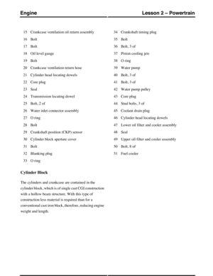 Page 233Crankcase ventilation oil return assembly15
Bolt16
Bolt17
Oil level gauge18
Bolt19
Crankcase ventilation return hose20
Cylinder head locating dowels21
Core plug22
Seal23
Transmission locating dowel24
Bolt, 2 of25
Water inlet connector assembly26
O ring27
Bolt28
Crankshaft position (CKP) sensor29
Cylinder block aperture cover30
Bolt31
Blanking plug32
O ring33
Crankshaft timing plug34
Bolt35
Bolt, 3 of36
Piston cooling jets37
O ring38
Water pump39
Bolt, 3 of40
Bolt, 3 of41
Water pump pulley42
Core plug43...