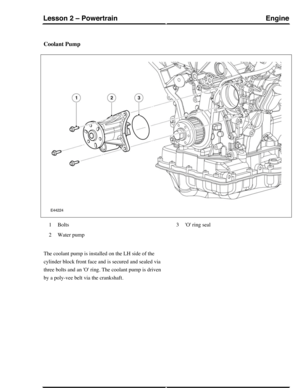 Page 238Coolant Pump
Bolts1
Water pump2
O ring seal3
The coolant pump is installed on the LH side of the
cylinder block front face and is secured and sealed via
three bolts and an O ring. The coolant pump is driven
by a poly-vee belt via the crankshaft.
EngineLesson 2 – Powertrain
89Technical Training (G421095) 