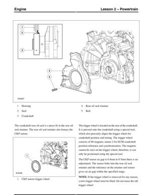 Page 243Housing1
Seal2
Crankshaft3
Rear oil seal retainer4
Bolt5
The crankshaft rear oil seal is a press fit in the rear oil
seal retainer. The rear oil seal retainer also houses the
CKP sensor.
CKP sensor trigger wheel1
The trigger wheel is located on the rear of the crankshaft.
It is pressed onto the crankshaft using a special tool,
which also precisely aligns the trigger wheel for
crankshaft position and timing. The trigger wheel
consists of 60 magnets, minus 2 for ECM crankshaft
position reference and...