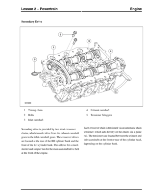 Page 248Secondary Drive
Timing chain1
Bolts2
Inlet camshaft3
Exhaust camshaft4
Tensioner firing pin5
Secondary drive is provided by two short crossover
chains, which transfer drive from the exhaust camshaft
gears to the inlet camshaft gears. The crossover drives
are located at the rear of the RH cylinder bank and the
front of the LH cylinder bank. This allows for a much
shorter and simpler run for the main camshaft drive belt
at the front of the engine.
Each crossover chain is tensioned via an automatic chain...