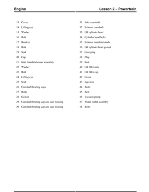 Page 251Cover13
Lifting eye14
Washer15
Bolt16
Bracket17
Bolt18
Seal19
Cap20
Inlet manifold cover assembly21
Washer22
Bolt23
Lifting eye24
Seal25
Camshaft bearing caps26
Bolts27
Gasket28
Camshaft bearing cap and seal housing29
Camshaft bearing cap and seal housing30
Inlet camshaft31
Exhaust camshaft32
LH cylinder head33
Cylinder head bolts34
Exhaust manifold studs35
LH cylinder head gasket36
Core plug37
Plug38
Seal39
Oil filler tube40
Oil filler cap41
Cover42
Injectors43
Bolts44
Bolt45
Vacuum pump46
Water outlet...
