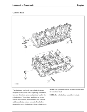 Page 252Cylinder Heads
The aluminium gravity die cast cylinder heads are
unique to each cylinder bank. Eight deep-seated bolts,
to reduce distortion, secure each cylinder head to the
cylinder block. The cylinder head bolts are located
beneath the camshafts, four under the inlet camshaft
and four under the exhaust camshaft. Two hollow
dowels align each cylinder head with the cylinder block.
NOTE: The cylinder head bolts are not accessible with
the camshafts fitted.
NOTE: The cylinder head cannot be reworked....