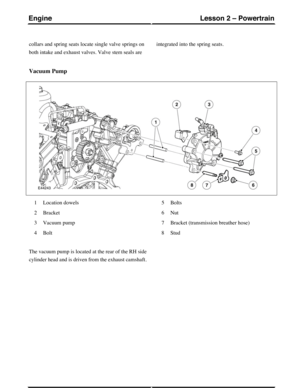 Page 257collars and spring seats locate single valve springs on
both intake and exhaust valves. Valve stem seals are
integrated into the spring seats.
Vacuum Pump
Location dowels1
Bracket2
Vacuum pump3
Bolt4
Bolts5
Nut6
Bracket (transmission breather hose)7
Stud8
The vacuum pump is located at the rear of the RH side
cylinder head and is driven from the exhaust camshaft.
(G421095) Technical Training108
Lesson 2 – PowertrainEngine 