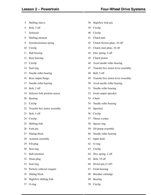 Page 273Shifting sleeve5
Bolt, 3 off6
Solenoid7
Shifting element8
Synchronisation spring9
Circlip10
Ball bearing11
Rear housing12
Circlip13
Seal ring14
Needle roller bearing15
Rear output flange16
Needle roller bearing17
Bolt, 2 off18
Selector fork position sensor19
Bearing20
Circlip21
Transfer box motor assembly22
Bolt, 4 off23
Circlip24
Shifting fork25
Fork pin26
Sliding block27
Actuator assembly28
Fill plug29
Seal ring30
Ball retention31
Drain plug32
Seal ring33
Particle collector magnet34
Sliding block35...