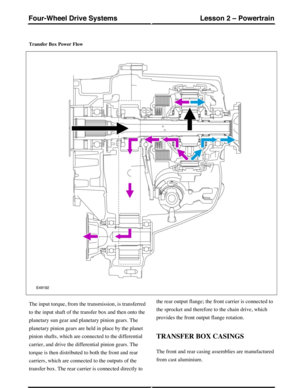 Page 276Transfer Box Power Flow
The input torque, from the transmission, is transferred
to the input shaft of the transfer box and then onto the
planetary sun gear and planetary pinion gears. The
planetary pinion gears are held in place by the planet
pinion shafts, which are connected to the differential
carrier, and drive the differential pinion gears. The
torque is then distributed to both the front and rear
carriers, which are connected to the outputs of the
transfer box. The rear carrier is connected...