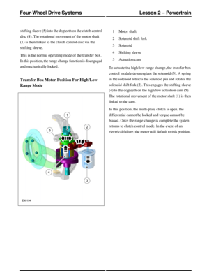 Page 278shifting sleeve (5) into the dogteeth on the clutch control
disc (4). The rotational movement of the motor shaft
(1) is then linked to the clutch control disc via the
shifting sleeve.
This is the normal operating mode of the transfer box.
In this position, the range change function is disengaged
and mechanically locked.
Transfer Box Motor Position For High/Low
Range Mode
Motor shaft1
Solenoid shift fork2
Solenoid3
Shifting sleeve4
Actuation cam5
To actuate the high/low range change, the transfer box...