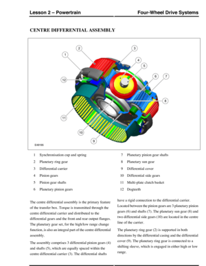 Page 279CENTRE DIFFERENTIAL ASSEMBLY
Synchronisation cup and spring1
Planetary ring gear2
Differential carrier3
Pinion gears4
Pinion gear shafts5
Planetary pinion gears6
Planetary pinion gear shafts7
Planetary sun gear8
Differential cover9
Differential side gears10
Multi-plate clutch basket11
Dogteeth12
The centre differential assembly is the primary feature
of the transfer box. Torque is transmitted through the
centre differential carrier and distributed to the
differential gears and the front and rear output...