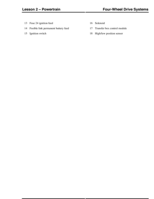 Page 303Fuse 24 ignition feed13
Fusible link permanent battery feed14
Ignition switch15
Solenoid16
Transfer box control module17
High/low position sensor18
Four-Wheel Drive SystemsLesson 2 – Powertrain
343Technical Training (G421181) 