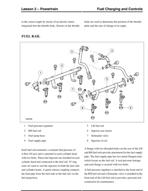 Page 305to the correct angle by means of an electric motor
integrated into the throttle body. Sensors in the throttle
body are used to determine the position of the throttle
plate and the rate of change in its angle.
FUEL RAIL
Fuel pressure regulator1
RH fuel rail2
Fuel jump hose3
Fuel supply pipe4
LH fuel rail5
Injector seat inserts6
Schraeder valve7
Injectors (6 of)8
Each fuel rail maintains a constant fuel pressure of
4.5bar (65 psi) and is attached to each cylinder head
with two bolts. Three fuel injectors...