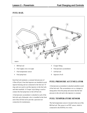 Page 309FUEL RAIL
RH fuel rail1
Fuel supply cross over pipe2
Fuel temperature sensor3
Fuel jump hose4
Cooper fitting5
Fuel pressure accumulators6
LH fuel rail7
Injectors (8 of)8
Each fuel rail maintains a constant fuel pressure of
4.5bar (65 psi). Four fuel injectors are installed in each
injector housing and are connected to the fuel rail. O
ring seals are used to seal the injectors in the fuel rails
and inlet manifold. A Cooper style fitting is used to
connect the fuel jump hose to the LH fuel rail.
A fuel...