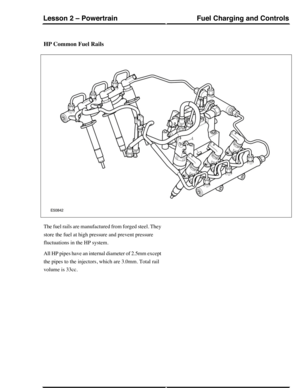 Page 323HP Common Fuel Rails
The fuel rails are manufactured from forged steel. They
store the fuel at high pressure and prevent pressure
fluctuations in the HP system.
All HP pipes have an internal diameter of 2.5mm except
the pipes to the injectors, which are 3.0mm. Total rail
volume is 33cc.
Fuel Charging and ControlsLesson 2 – Powertrain
159Technical Training (G421108) 