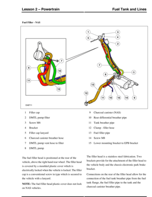 Page 337Fuel Filler - NAS
Filler cap1
DMTL pump filter2
Screw M63
Bracket4
Filler cap lanyard5
Charcoal canister breather hose6
DMTL pump vent hose to filter7
DMTL pump8
Charcoal canister (NAS)9
Rear differential breather pipe10
Tank breather pipe11
Clamp - filler hose12
Fuel filler pipe13
Screw M814
Lower mounting bracket to EPB bracket15
The fuel filler head is positioned at the rear of the
vehicle, above the right hand rear wheel. The filler head
is covered by a moulded plastic cover which is
electrically...